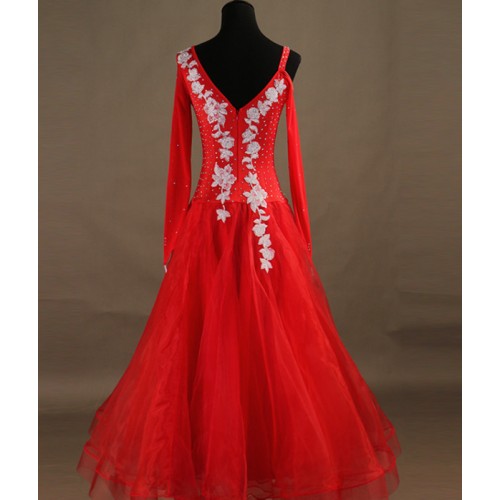 Red color competition dance dress for women girls diamond one shoulder bling waltz tango foxtrot smooth dance long dress for woman
